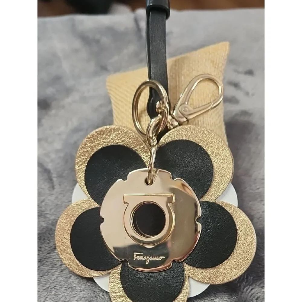 Salvatore Ferragamo Black & Gold Leather Flower Key Holder